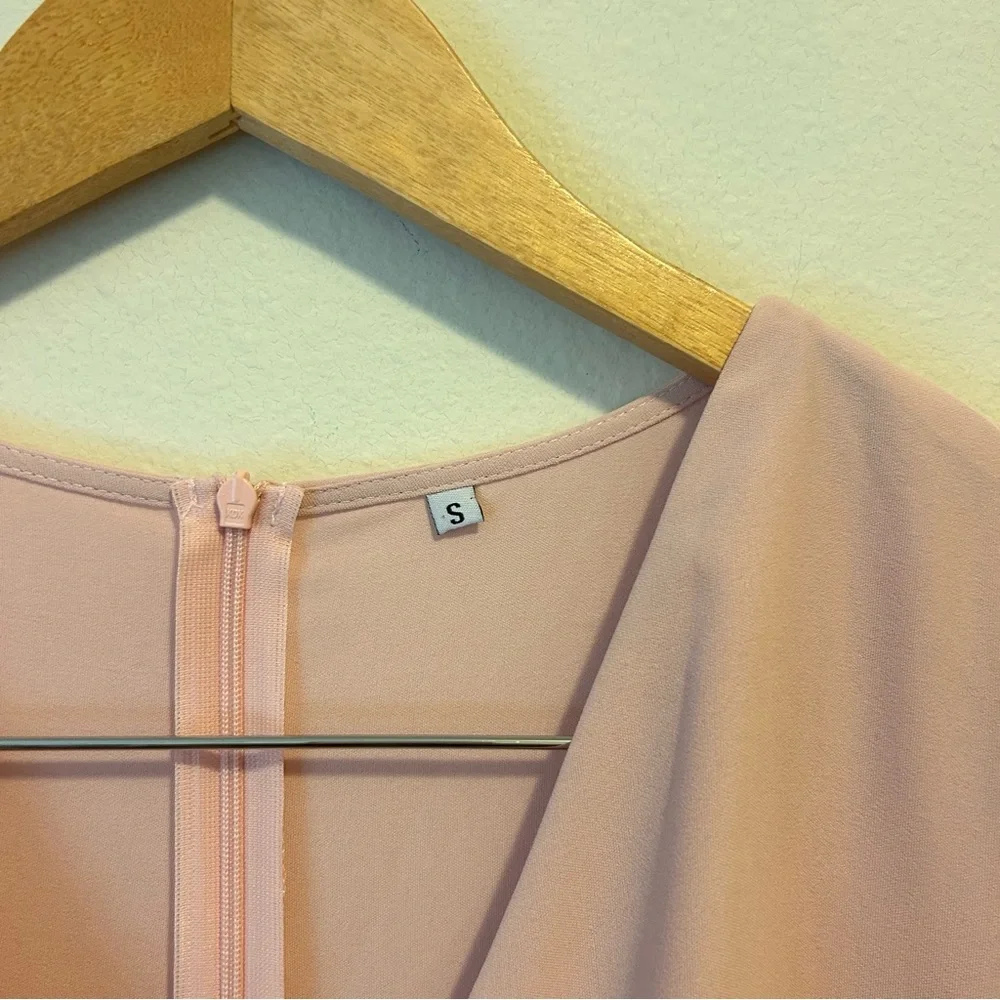 Women’s Small Ruffle Elegant Pink Faux Wrap Long Sleeve Mini Dress - Picture 5 of 9